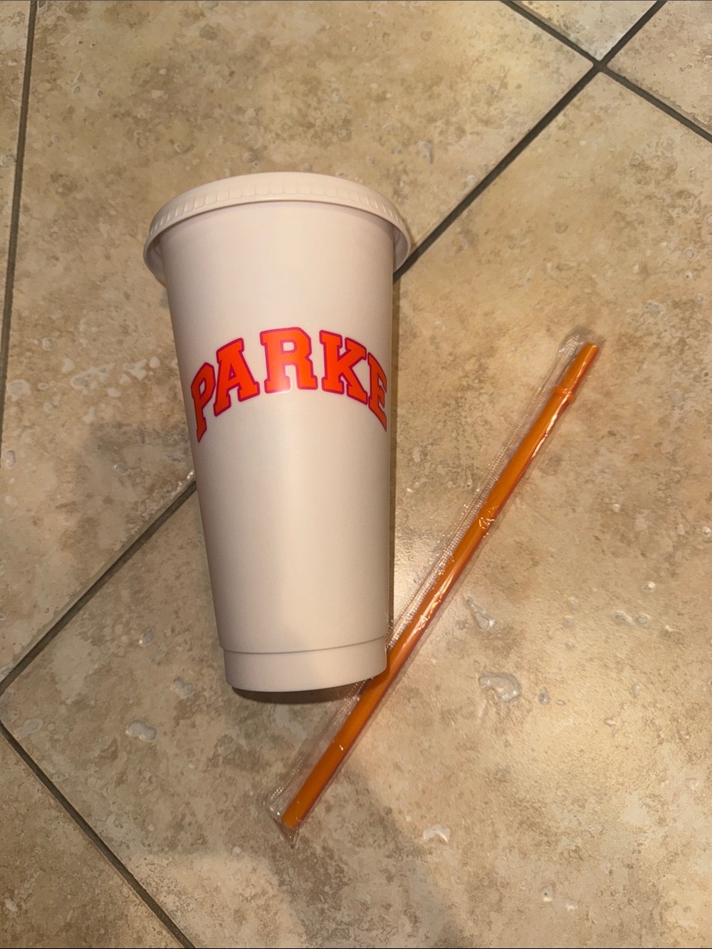 Parke White Reusable Cup with Orange Logo and Straw Dunkin donut collab